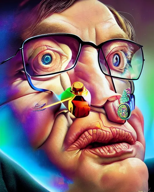 Prompt: portrait ultra dimensional stephen hawking, accidentally tripping on dmt and acid, psychedelic experience, overwhelming psychosis of self realization and burning awakening, ultra high definition, unreal engine 5, hyperrealism, masterpiece composition, by casey weldon, barclay shaw 8 k photorealistic