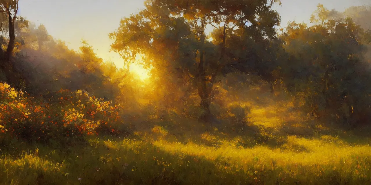 Image similar to a beautiful, stunning oil painting of a landscape in spring during sunrise by craig mullins