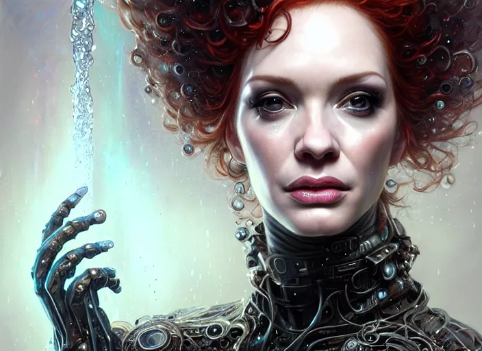 Image similar to portrait shot of christina hendricks in cyberpunk clothed, shiny skin, wet, oily, intricate, elegant, highly detailed, centered, digital painting, artstation, concept art, smooth, sharp focus, illustration, artgerm, tomasz alen kopera, peter mohrbacher, donato giancola, joseph christian leyendecker, wlop, boris vallejo