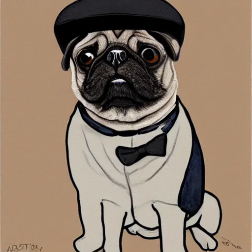 Image similar to a gentleman pug wearing a black jacket and a cap, art station