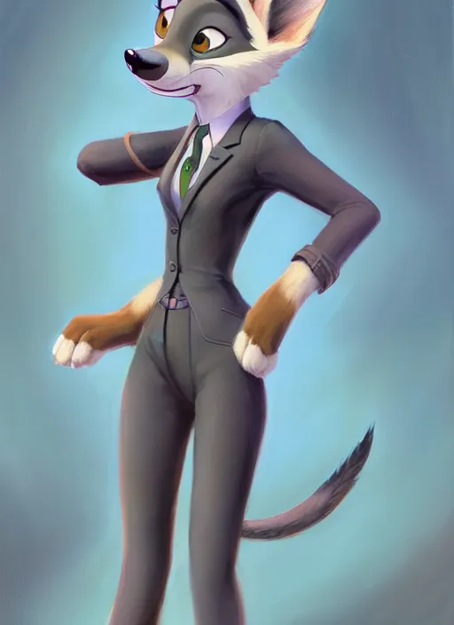 Image similar to oil painting of detailed full body of anthromorphic female wolf, in style of zootopia, zootopia, zootopia, fursona, furry, furaffinity, 4 k, deviantart, furry art, fursona art, wearing black business suit, business suit, in style of zootopia, wolf fursona, cyberpunk, female, expressive detailed feminine face,