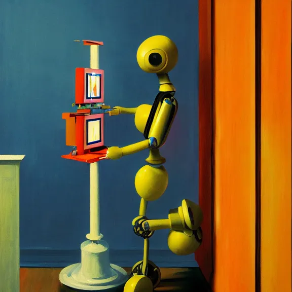 Image similar to beautiful illustration of a robot painting an artwork on a canvas with a paintbrush by Edward Hopper, clean lines, very detailed, colorful octane render