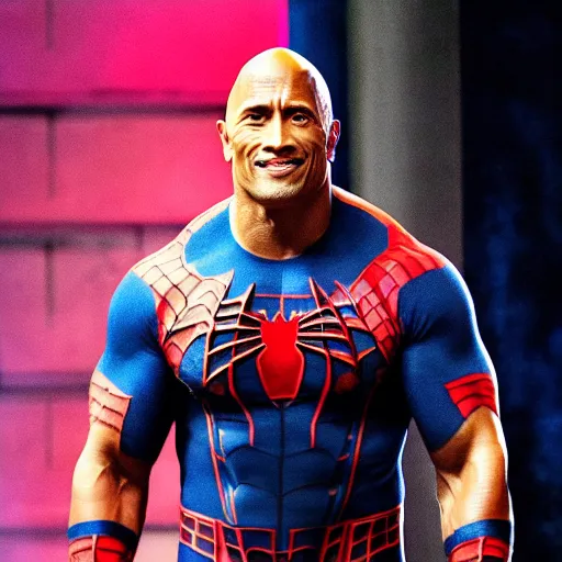 Prompt: dwayne johnson entrance scene wearing spiderman costumes