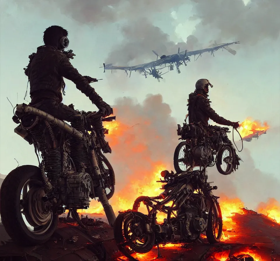 Image similar to a ultradetailed beautiful panting of post apocalyptic biker with helmet in front of crashed airplane burning, by ilya kuvshinov, greg rutkowski and makoto shinkai, trending on artstation