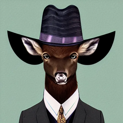 Prompt: a upper body portrait of a deer lord in a pinstriped suit and pants wearing a monocle and a fedora, intricate detail, digital art, trending on artstation