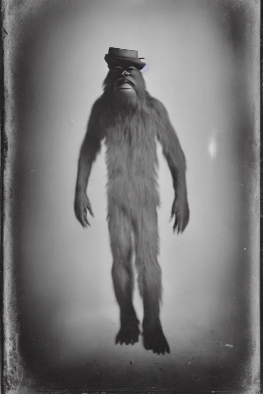 Image similar to a wet plate photograph of a Bigfoot trying on a hat