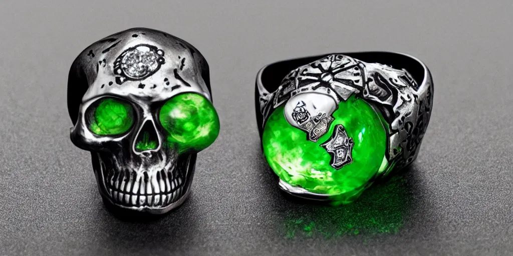 Image similar to stunning magic skull ring with a diamond, poison, green, mist, skull, energy, engraving, d & d, item, graphic, close - up, design, shimmer, artbook, page, detailed, trending on artstation, cgsociety, art by greg rutkowski and raymond swanland and moebius