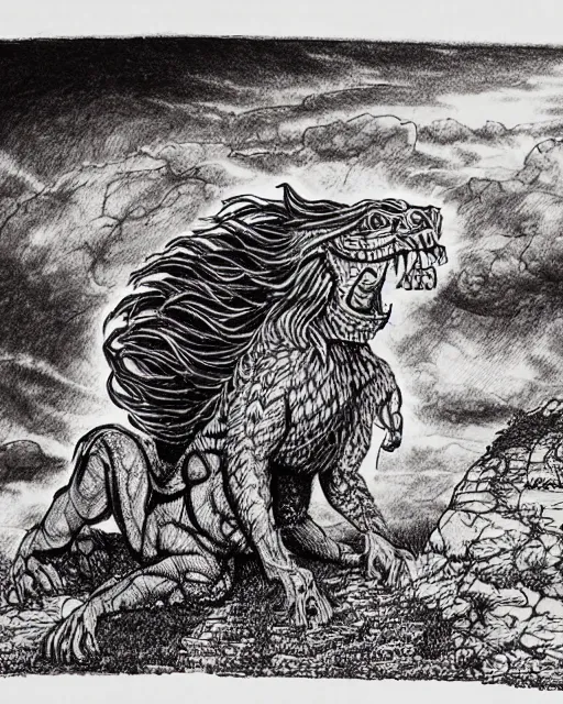 Image similar to pen and ink drawing of a manticore in the desert, by steve jackson and ian livingstone, highly detailed