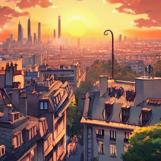 Prompt: beautiful anime sunset Paris cityscape, makoto shinkai