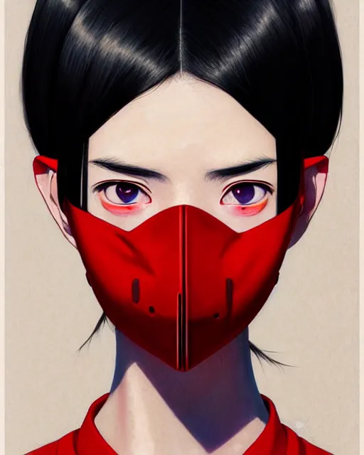 Prompt: black haired girl wearing a face mask and red dress | | audrey plaza, warframe armor, fine detail!! anime!! realistic shaded lighting!! poster by ilya kuvshinov katsuhiro otomo ghost - in - the - shell, magali villeneuve, artgerm, jeremy lipkin and michael garmash and rob rey