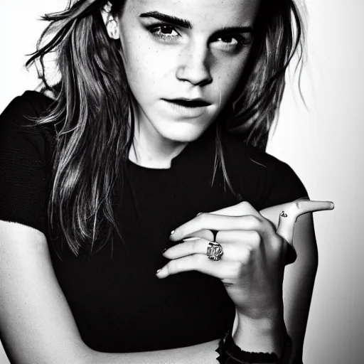 Prompt: A photo of tough looking emma watson. she has rings on his fingers. 50 mm. perfect ring.