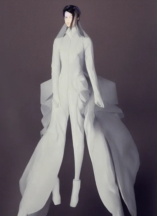 Image similar to a portrait by nick knight of a japanese girl detailed features wearing a pilot suit wedding dress synthetic materials, jumpsuits chic'techno fashion trend by balenciaga and makoto shinkai