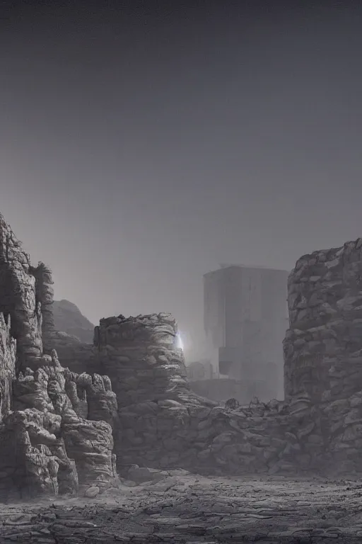 Image similar to research lab brutalist arquitecture with yellow industrial lights on in a man made stone valley in the middle of the desert of Mars planet at night dust storm concept art by yoshitaka amano and H.R. Giger, intricate detail, 8k, featured art