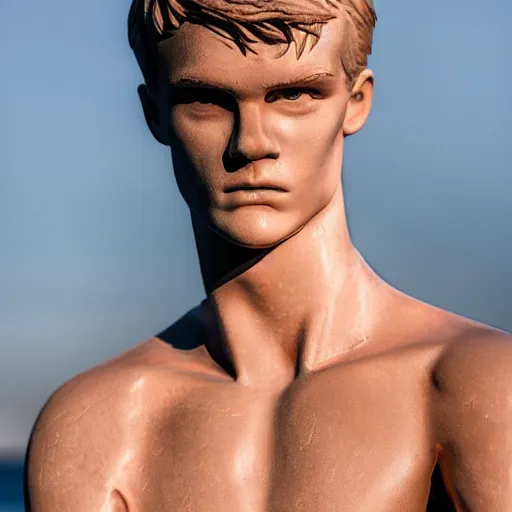 Image similar to a realistic detailed photo of a guy who is an attractive humanoid who is half robot and half humanoid, who is a male android, soccer player martin ødegaard, shiny skin, posing like a statue, blank stare, by the pool, on display, showing off his muscles, mannequin stand