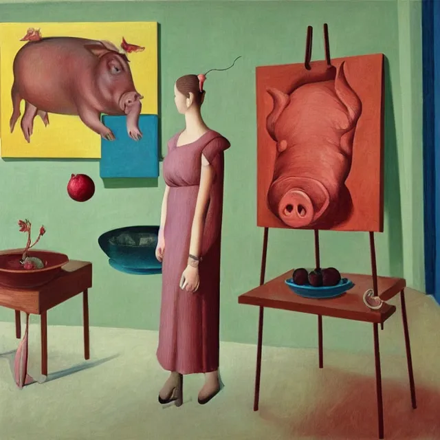 Image similar to a female art student in her apartment, sculpture work in progress, pig, pomegranate, acrylic on canvas, surrealist, by magritte and monet