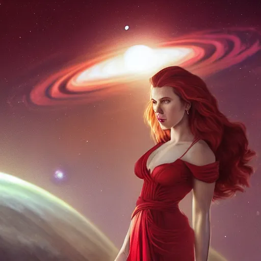 Image similar to a highly detailed matte portrait of scarlett johansson as a red haired vampire sorceress, drinking wine, standing in a space station and looking at jupiter, viewed in profile from far away, crackling green lightning, ultrawide lens, art by artgerm and greg rutkowski and alphonse mucha, volumetric lighting, octane render, 4 k resolution, trending on artstation, masterpiece