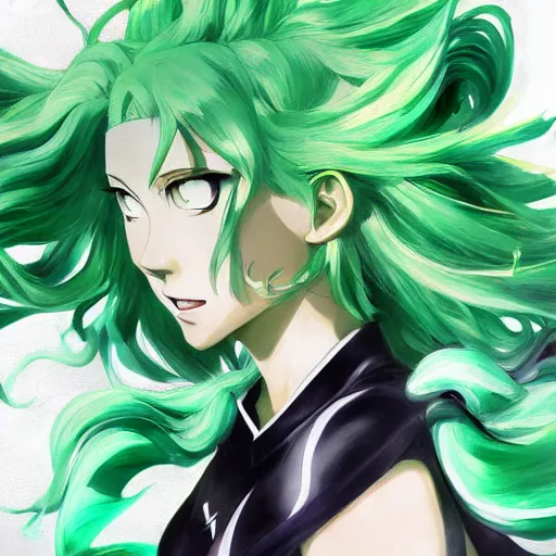 Image similar to painting of tatsumaki from one punch man, green wavy hair, black dress, cool color palette, refreshing, soft lighting, fine details, digital painting, pretty face, light and shadow effects, dynamic pose, by cushart krenz, by makoto shinkai