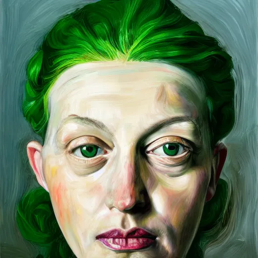 Image similar to high quality high detail painting by lucian freud, hd, green hair woman portrait, photorealistic lighting