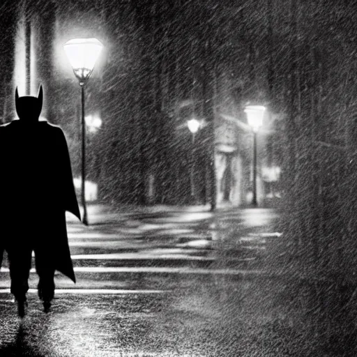 Image similar to 1900's photo of batman with frowning in deep alley street holding his emotion while walking slowly towards a street lamp, rain and smokes while the moon shines on his back, blurry, candid