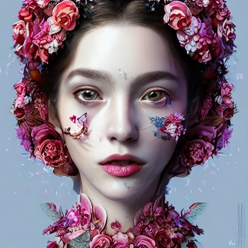 Image similar to the portrait of an absurdly beautiful, graceful, elegant, sophisticated, fashionable young woman made of strawberries and white petals with tears, an ultrafine hyperdetailed illustration by kim jung gi, irakli nadar, intricate linework, bright colors, octopath traveler, final fantasy, unreal engine 5 highly rendered, global illumination, radiant light, detailed and intricate environment