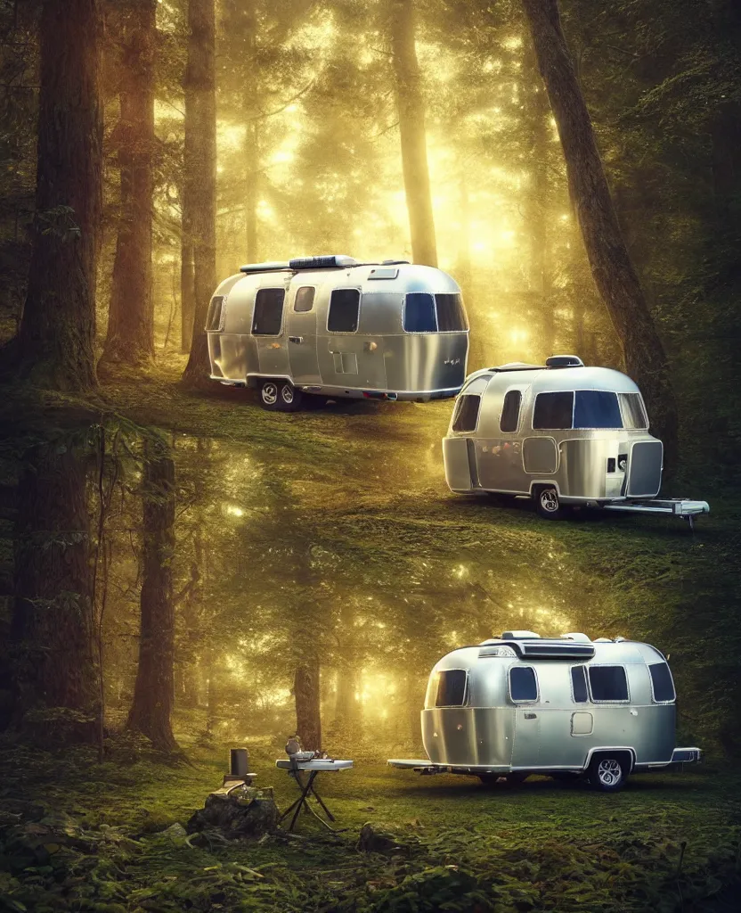 Image similar to image of a sylish vintage airstream camper in magical forest, photorealistic, digital painting, artstation, intricate artwork by Tooth Wu and wlop and beeple. octane render, trending on artstation, greg rutkowski very coherent symmetrical artwork. cinematic, hyper realism, high detail, octane render, 8k