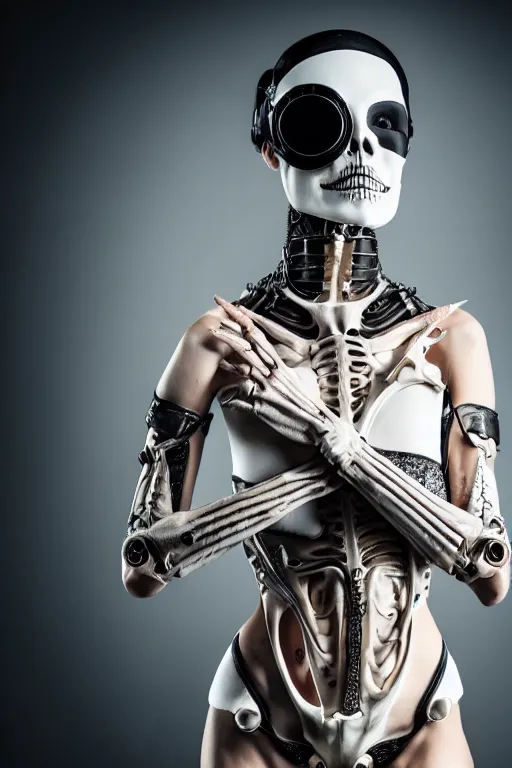 Image similar to a beautifull anatomialy perfect cyberpunk woman model, wearing organic bone armor, luxury materials, symmetrical, cinematic, elegant, professional studio light, real dlsr photography, sharp focus, 4 k, ultra hd, sense of awe, high fashion