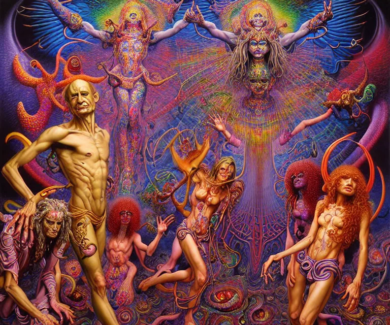 Prompt: realistic detailed image of a friendly figures of psychedelic gods, angels and demons dancing in the outer 5th dimensional field by Alex Grey, by Ayami Kojima, Amano, Karol Bak, Greg Hildebrandt, and Mark Brooks. rich deep colors. Beksinski painting, part by Adrian Ghenie and Gerhard Richter. art by Takato Yamamoto. masterpiece