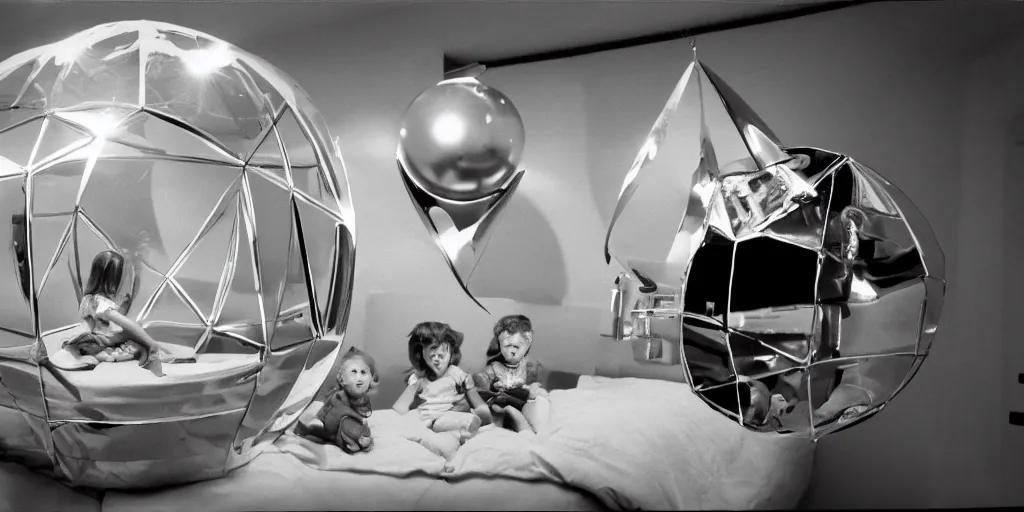 Prompt: flight of the navigator trimaxion drone ship, chrome metallic ufo, floating inside a child's bedroom reflecting children's toys, film still, 3 5 mm