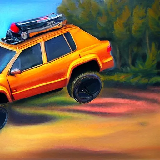 Prompt: realistic painting of a suv in the air