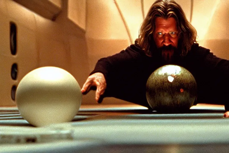 Image similar to A movie shot from Star Wars, The Dude from The Big Lebowski using the force on bowling balls making them levitate above the ground, on Degobah