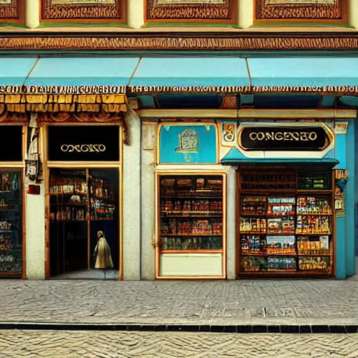 Prompt: A fantasycore of a convenience store with photograph of 2022 portugal lisbon on the street of a very highly detailed logital eldritch city 120mm photograph by Greg Rutkowski, a 12x(very) much logical detailed Dimensional cyan gold natural light, highly logical and striking detailed architecture by alphonse mucha