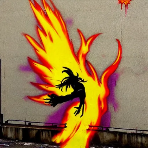 Image similar to Phoenix in fire, street art by bansky