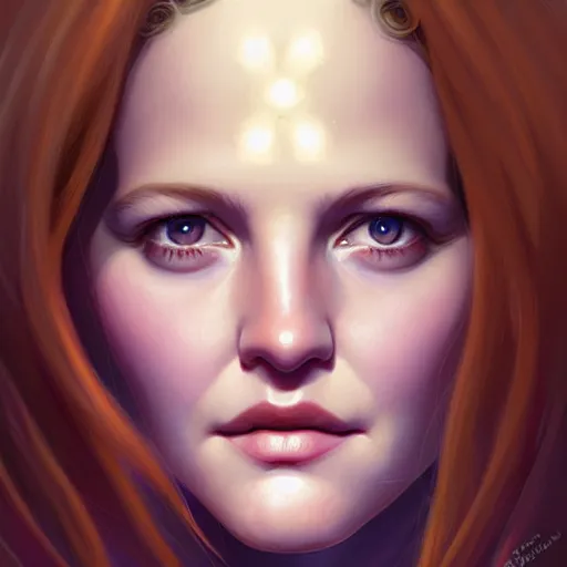 Image similar to beautiful digital portrait painting of drew barrymore as a marshmallow, symmetry! chocolate and graham cracker background, by charlie bowater, ross tran, artgerm, and makoto shinkai, detailed, inked, western comic book art