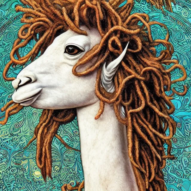 Prompt: llama with dreadlocks, detailed, by ernst haeckel, james jean, mandy jurgens, alphonse mucha