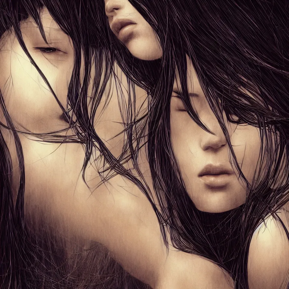 Image similar to a beautiful detailed photography illustration of an attractive japanese female with long black hair covering part of her face, centered, glamour portrait from the waist up, by karol bak and beeple, trending on artstation and deviantart and behance, extreme detailing, dim dusk lighting, cinematic lighting, detailed lighting, volumetric lighting, realistic, f 8, 4 k hd wallpaper