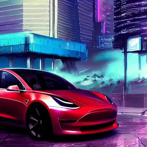 Prompt: cyberpunk synthwave a dented tesla model 3 with scratches in a futuristic miserable city, concept art smooth sharp focus futuristic cgsociety