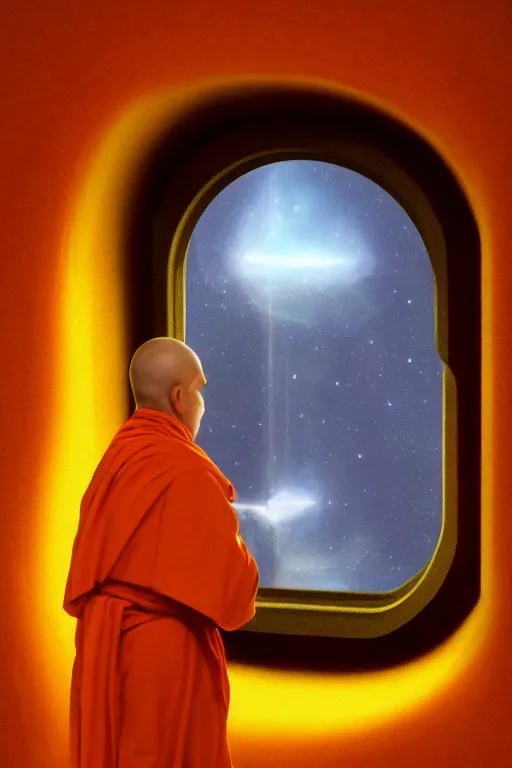 Image similar to portrait of a monk in a spaceship, looking out of a round window at nebula, orange robe, dramatic lighting, artstation, matte painting, ralph mcquarrie