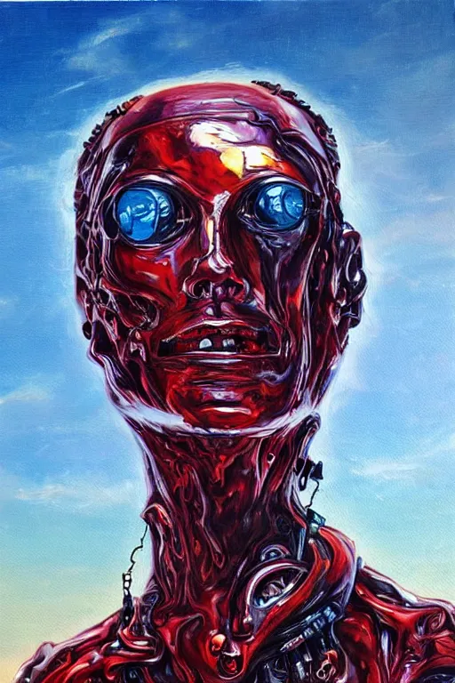 Prompt: oil painting, close-up, hight detailed, melting cyborg at red planet, in style of 80s sci-fi art, neodada