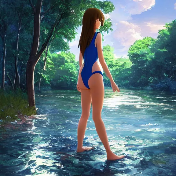 Image similar to one single girl wearing a blue full body bathing suit wading, wading weight high water, standing in a narrow river, trees bent over the river, shady, ripples, facing, looking at the camera, inviting look, atmospheric lighting. By Makoto Shinkai, Stanley Artgerm Lau, WLOP, Rossdraws, James Jean, Andrei Riabovitchev, Marc Simonetti, krenz cushart, Sakimichan, trending on ArtStation, digital art.