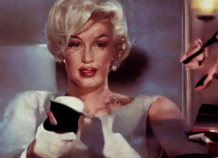 Image similar to a close - up, color cinema film still of a marlin monroe drinking coffee at a starbucks, ambient lighting at night, from matrix ( 1 9 9 9 ).