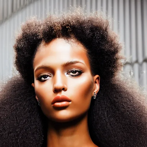 Image similar to close up of face of a black fashion model with large afro, editorial of vogue magazine, highly detailed