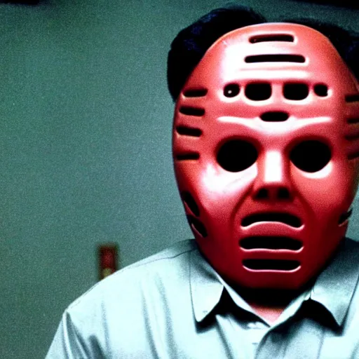 Image similar to a still of Kim Jong-il as Jason Voorhees, north Korean slasher, iconic hockey mask, machete, 35mm film