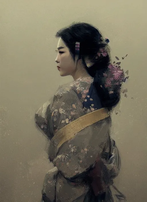 Image similar to female geisha girl, beautiful face, rule of thirds, intricate outfit, spotlight, by greg rutkowski, by jeremy mann, digital painting