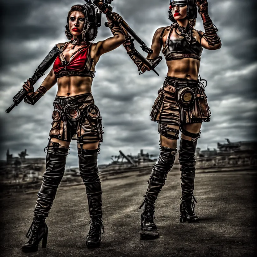 Image similar to full length photo of a very beautiful female atompunk warrior with weapons, 8 k, hdr, smooth, sharp focus, high resolution, award - winning photo