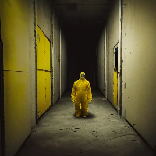 Image similar to a man wearing a yellow hazmat suit inside the very dark empty unsettling creepy backrooms, liminal space, flickering fluorescent lights, eerie mood