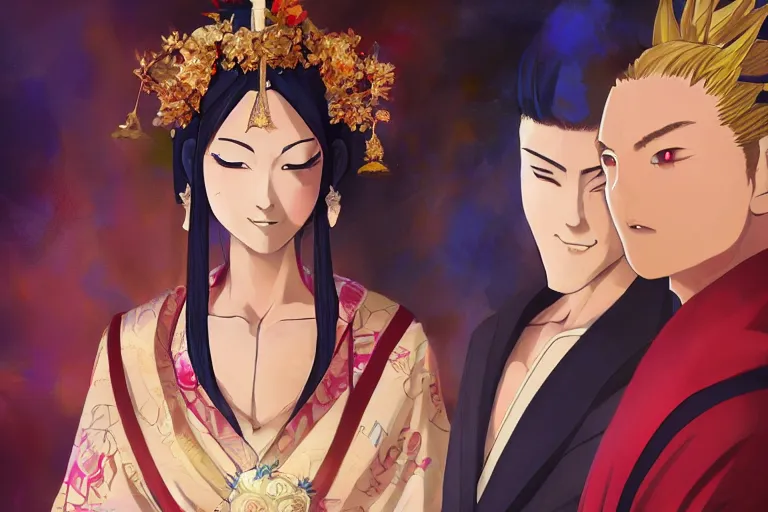 Image similar to a cinematic portrait of wedding photograph jpeg close up moment of a divine a japan sun god and moon goddess lovers magician at a wedding banquet. portraiture. digital painting. artstation. concept art. wedding photo. digital painting. naruto the movie art masterpiece by art by krenz cushart