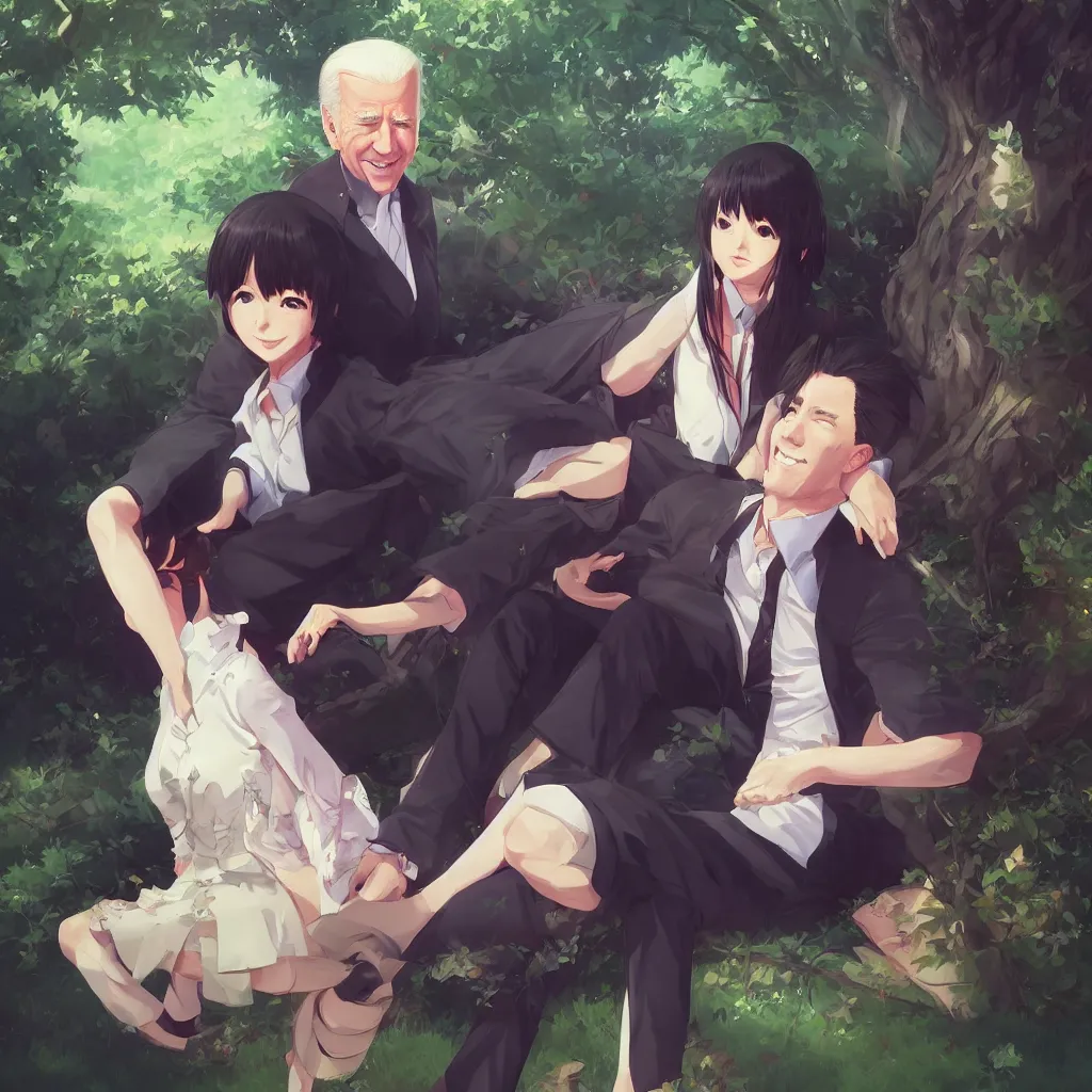 Image similar to photorealistic Joe Biden meets a beautiful smiling anime girl with black hair and hime cut sitting under a tree, Stanley Artgerm Lau, WLOP, Rossdraws, Ilya Kuvshinov, artstation