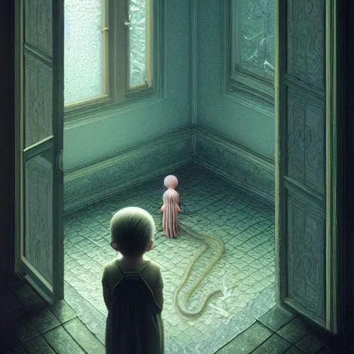 Image similar to hyperreal ultra detailed hypnagogic recollections from the waters of the unconscious. a 3 d psychopomp watching on. a child's face, a mirror, a doorway threshold, a snake, smooth, sharp focus, global illumination, ornate, art by shaun tan and daniel merriam and dan mumford octane render