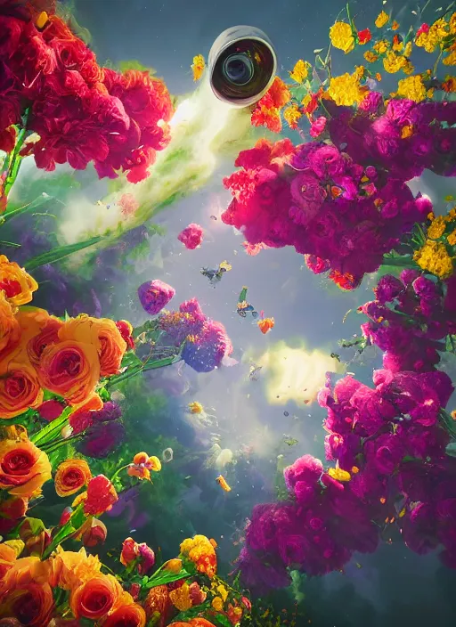 Image similar to An epic fantastic realism comic book style painting of the most beautiful flowers launched into space, bouquets, fisheye lens, unreal 5, DAZ, hyperrealistic, octane render, dynamic lighting