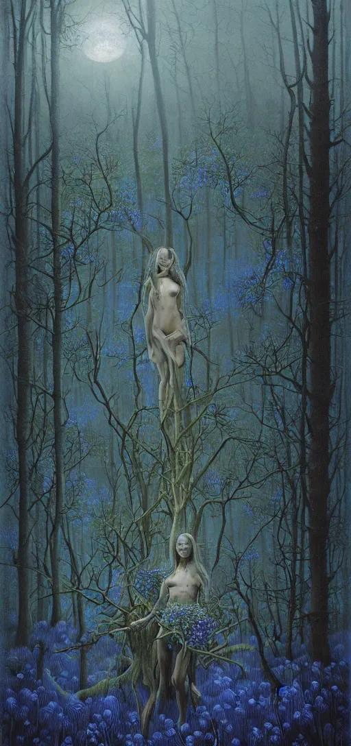 Image similar to painterly dreamy Kupala Night in the blue forest with trees which have eyes, giant flowers, glowing owls, deers, women, lianas, thistles, giant fantasy creatures, a stream and sky with moon and stars by Beksinski, Alex Grey, Aron Wiesenfeld and Giger dark fantasy, witcher, very detailed oil painting in the alla prima style, masterpiece, 8k